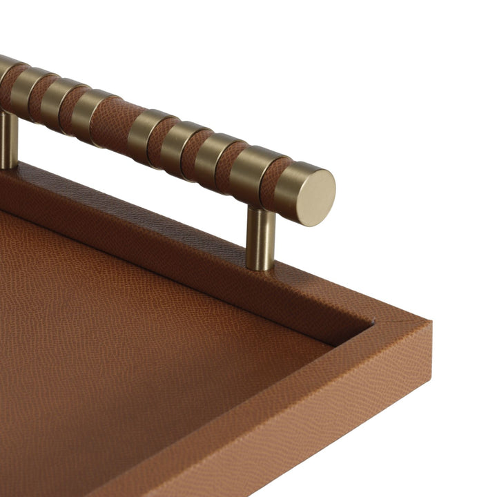 Cambridge Rectangular Tan Faux Leather Tray with brass detailed handle