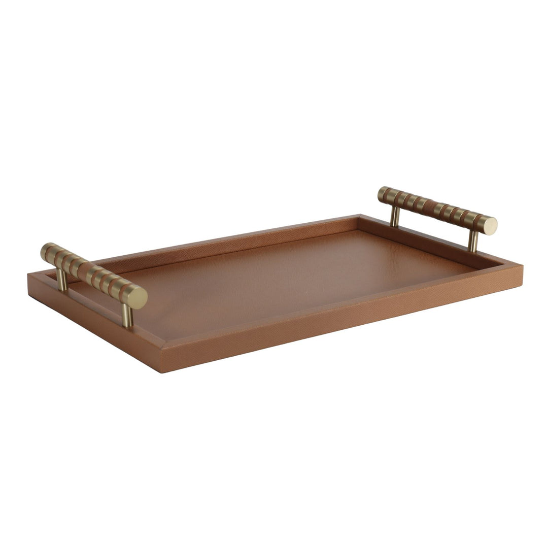 Cambridge Rectangular Tan Faux Leather Tray with brass detailed handle