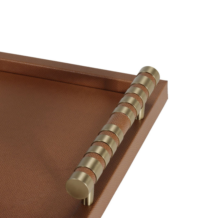 Cambridge Rectangular Tan Faux Leather Tray with brass detailed handle