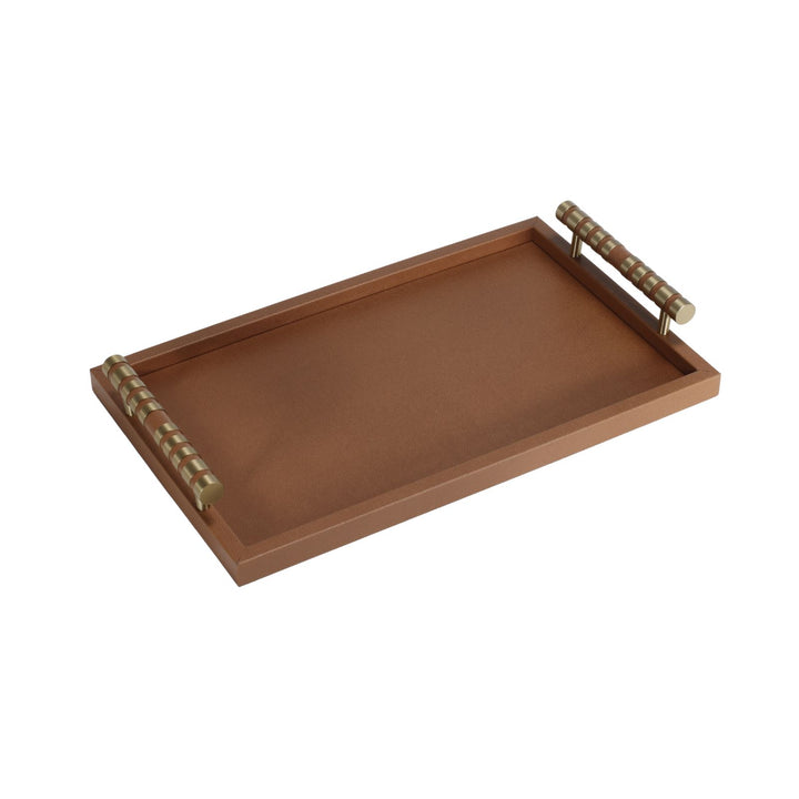 Cambridge Rectangular Tan Faux Leather Tray with brass detailed handle