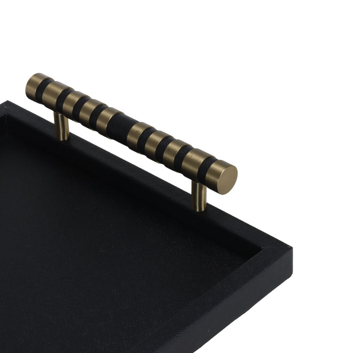 Cambridge Rectangular Black Faux Leather Tray with Brass Detailed Handle