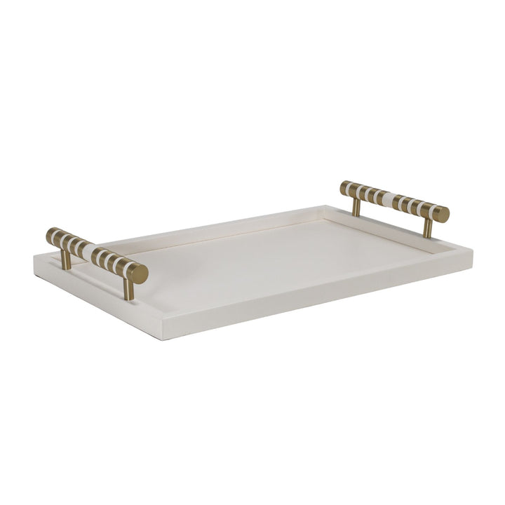 Cambridge Rectangular Beige Faux Leather Tray with Brass Detailed Handle