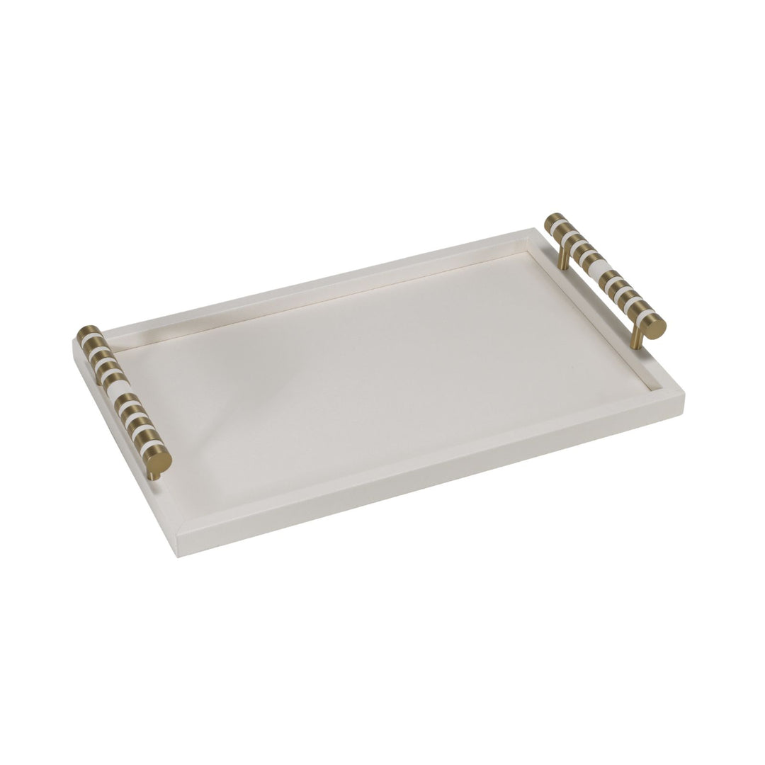 Cambridge Rectangular Beige Faux Leather Tray with Brass Detailed Handle