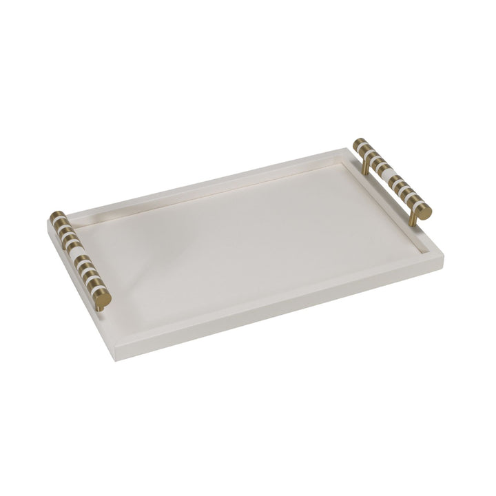 Cambridge Rectangular Beige Faux Leather Tray with Brass Detailed Handle