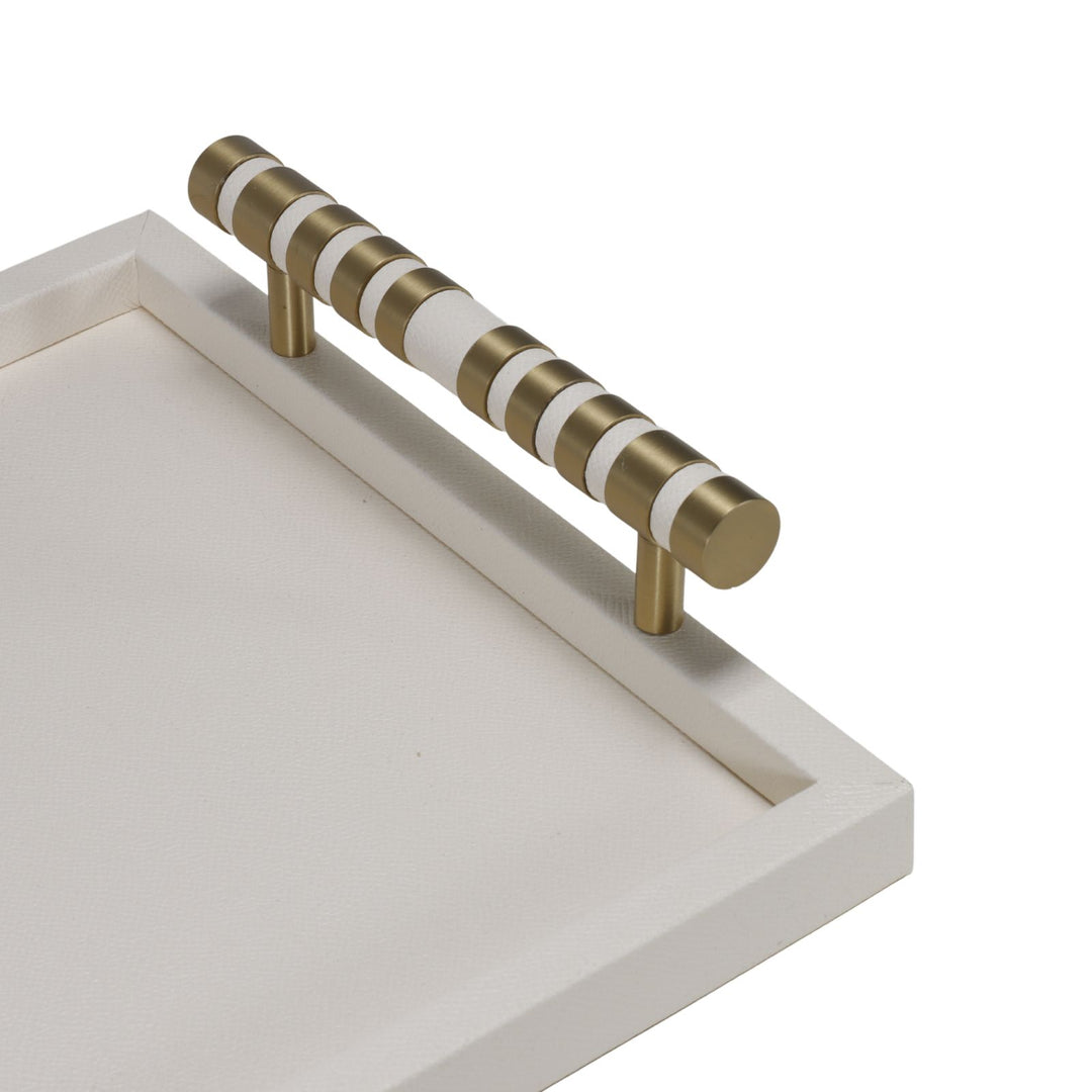 Cambridge Rectangular Beige Faux Leather Tray with Brass Detailed Handle