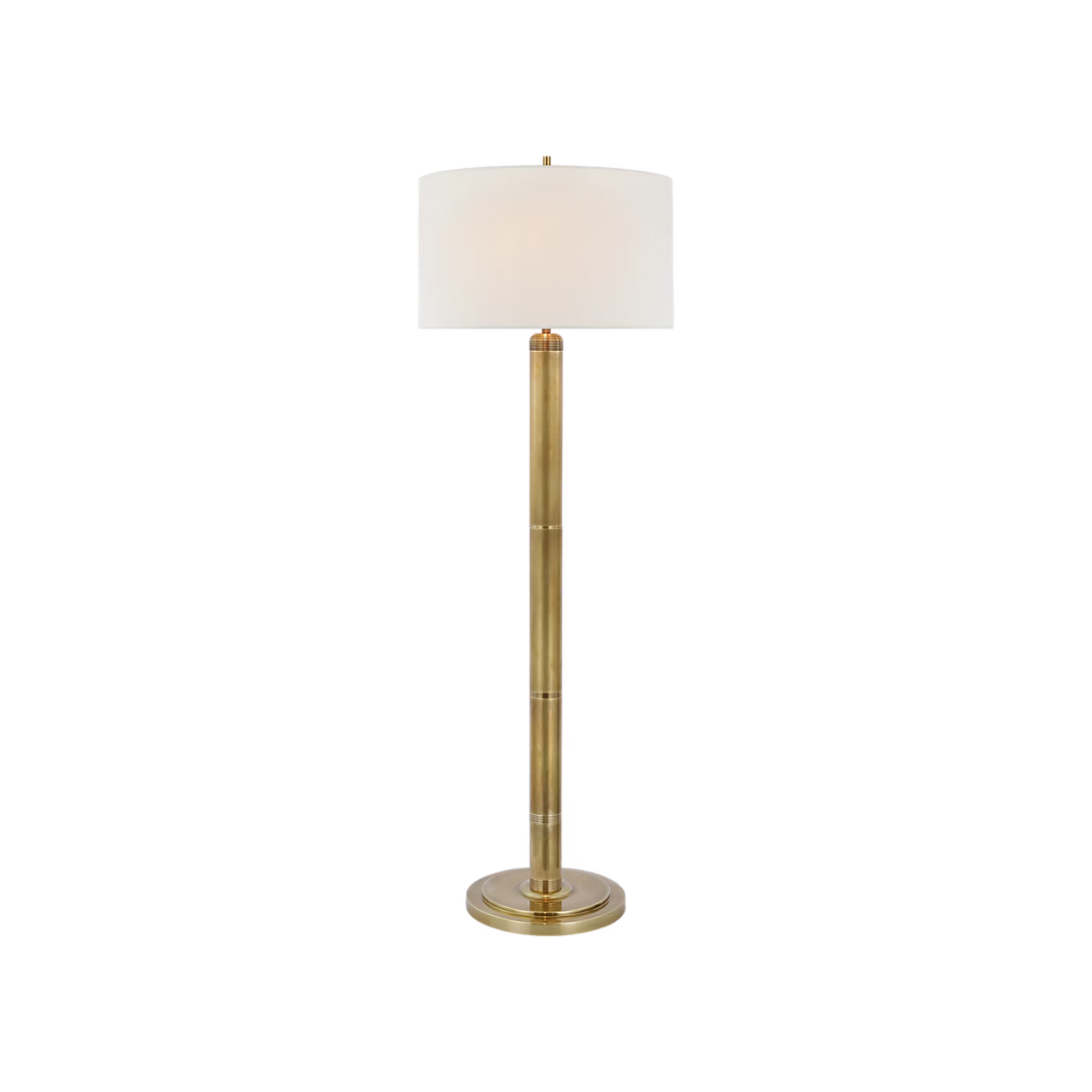 Longacre Floor Lamp in Hand-Rubbed Antique Brass with Linen Shade
