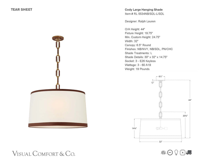 Cody Large Hanging Shade in Natural Brass &amp; Saddle Leather