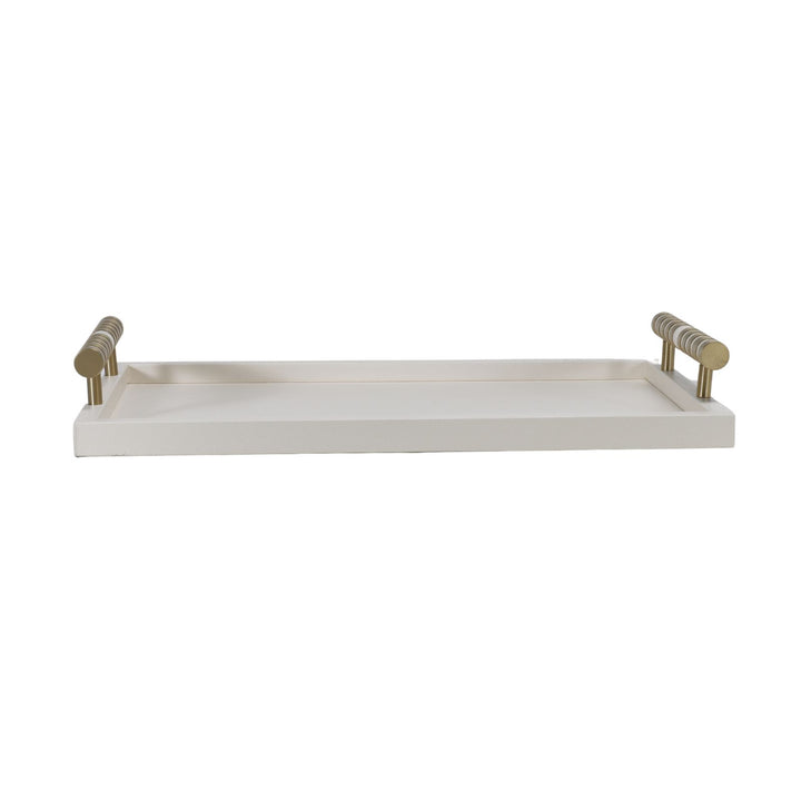 Cambridge Rectangular Beige Faux Leather Tray with Brass Detailed Handle