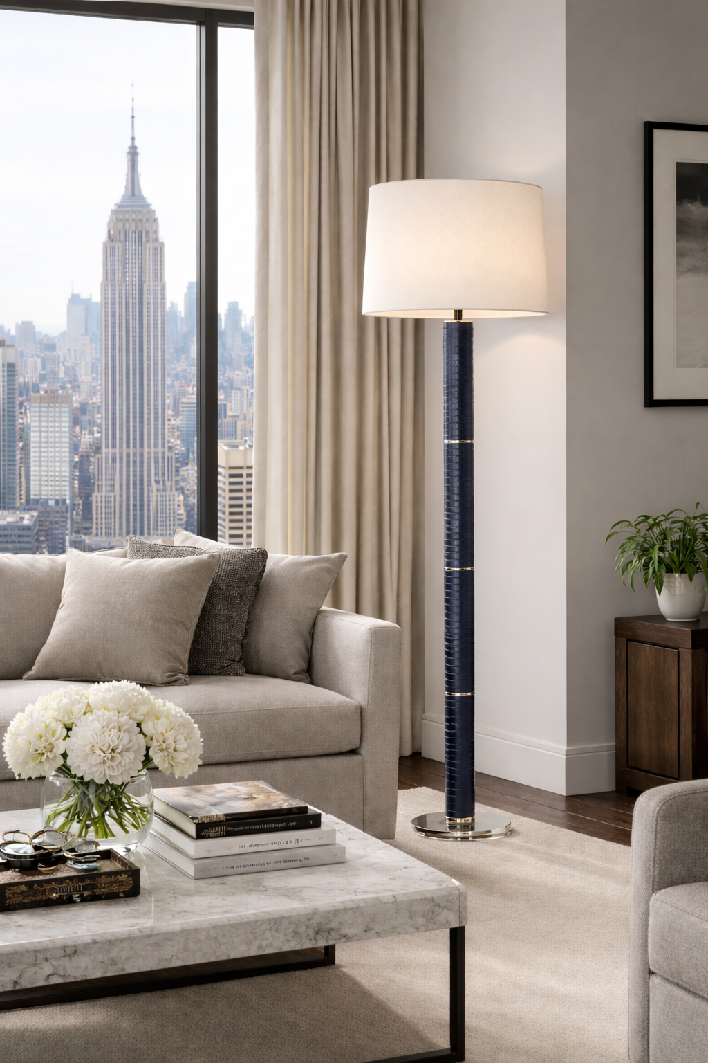 Upper Fifth Floor Lamp in Navy Blue Faux Croc with Silk Shade