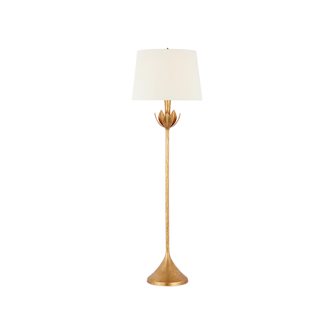 Alberto Large Floor Lamp in Antique Gold Leaf with Linen Shade