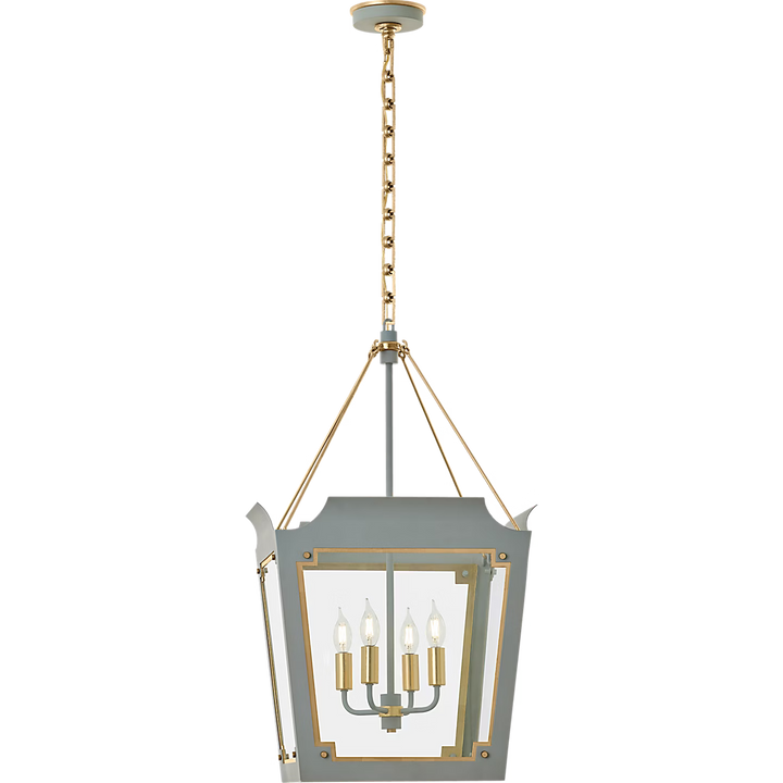 Caddo Medium Lantern in Celedon and Gild with Clear Glass