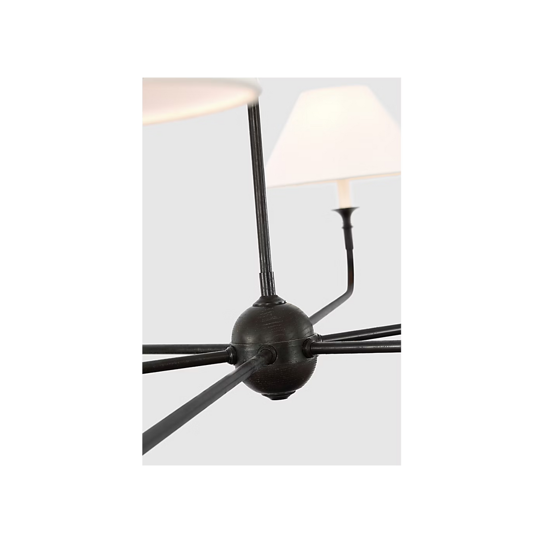 Piaf Oversized Chandelier in Aged Iron and Ebonized Oak with Linen Shades