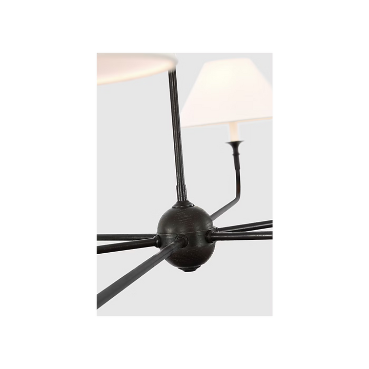 Piaf Oversized Chandelier in Aged Iron and Ebonized Oak with Linen Shades