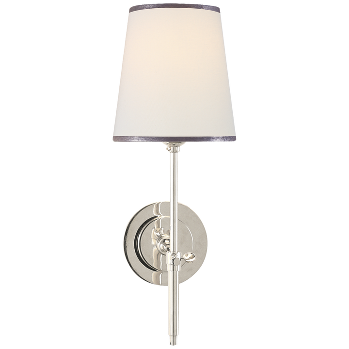 Bryant Sconce in Polished Nickel with Linen Shade and Silver Tape