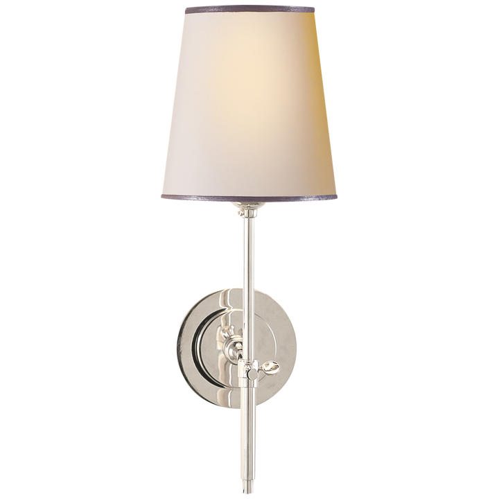 Bryant Sconce in Polished Nickel with Linen Shade and Silver Tape